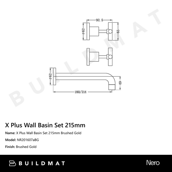Nero X Plus Wall Basin Set 215mm Brushed Gold