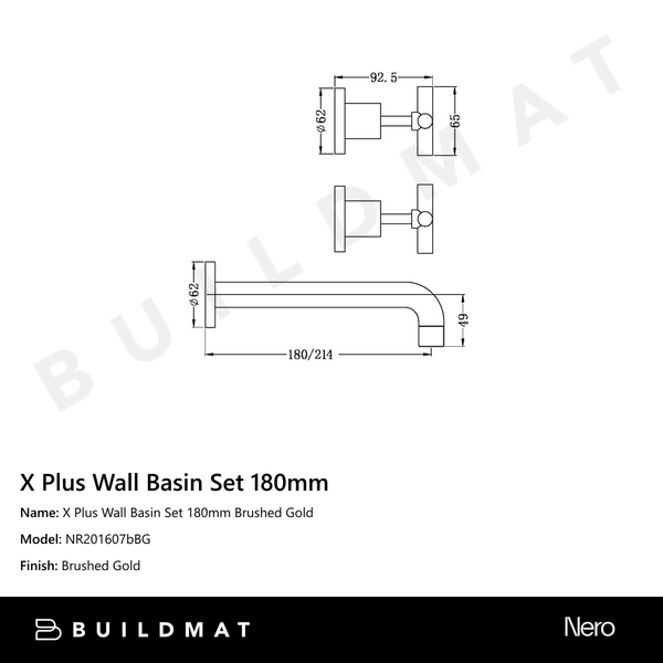 Nero X Plus Wall Basin Set 180mm Brushed Gold