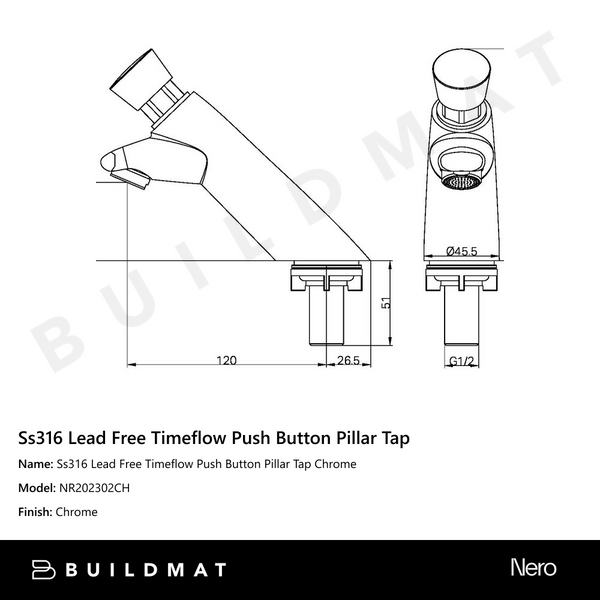 Nero SS316 Lead Free Timeflow Push Button Pillar Tap Chrome