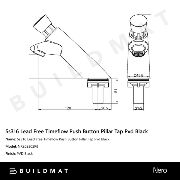 Nero SS316 Lead Free Timeflow Push Button Pillar Tap Pvd Black