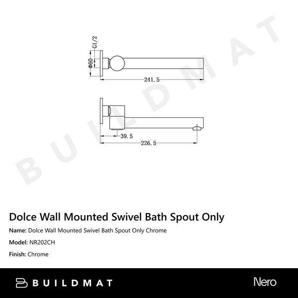 Nero Dolce Wall Mounted Swivel Bath Spout Only Chrome