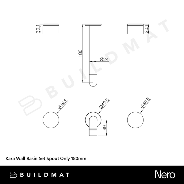 Nero Kara Wall Basin Set Spout Only 180mm Matte Black