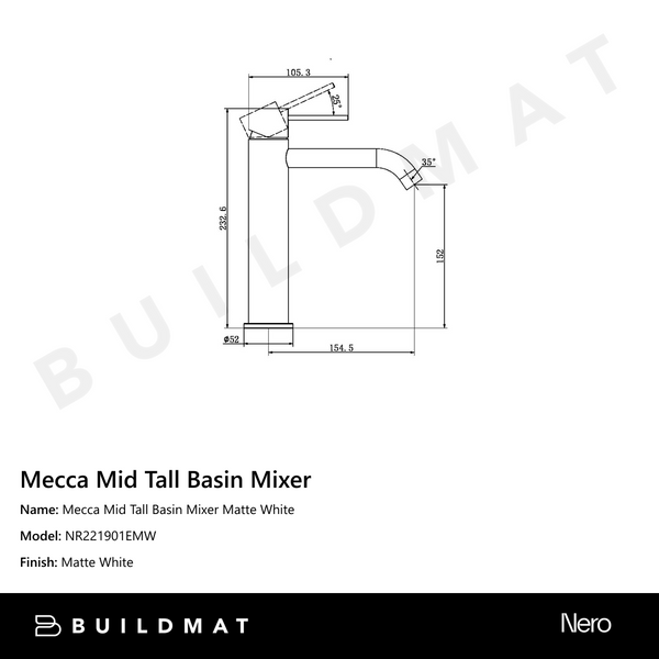 Nero Mecca Mid Tall Basin Mixer Matte White
