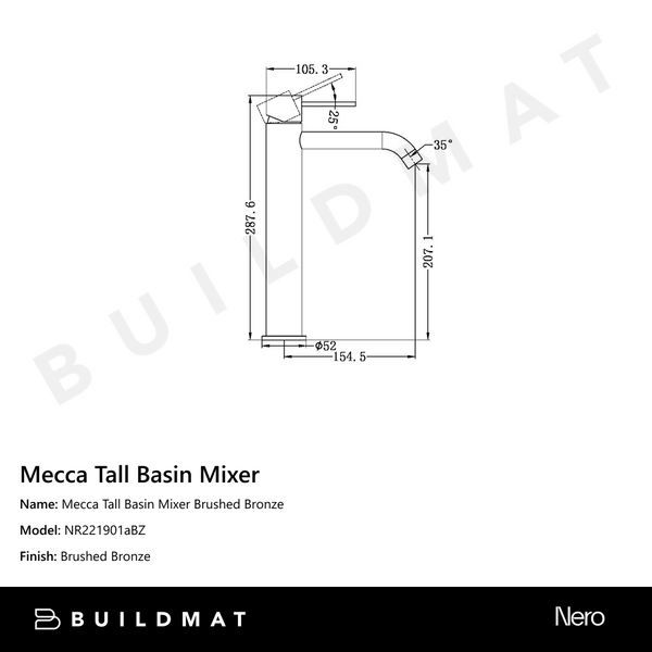 Nero Mecca Tall Basin Mixer Brushed Bronze