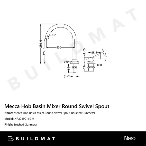 Nero Mecca Hob Basin Mixer Round Swivel Spout Gun Metal