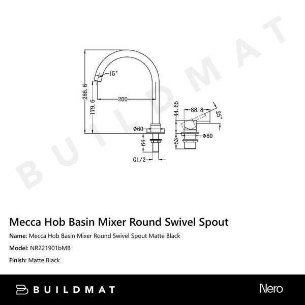 Nero Mecca Hob Basin Mixer Round Swivel Spout Matte Black