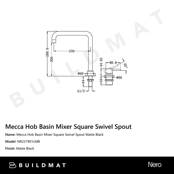 Nero Mecca Hob Basin Mixer Square Swivel Spout Matte Black