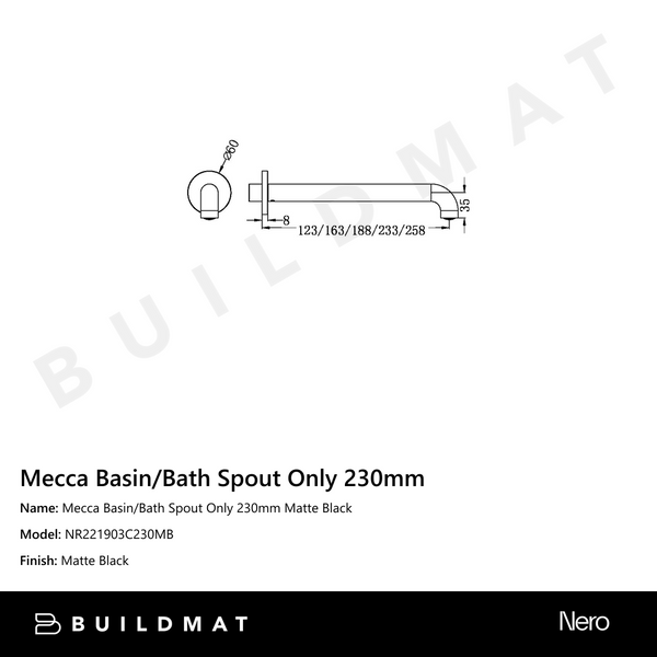 Nero Mecca Basin/Bath Spout Only 230mm Matte Black