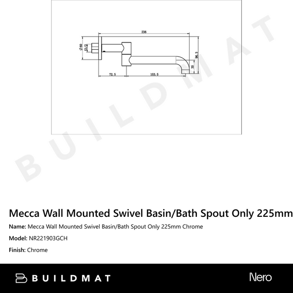 Nero Mecca Wall Mounted Swivel Basin/Bath Spout Only 225mm Chrome