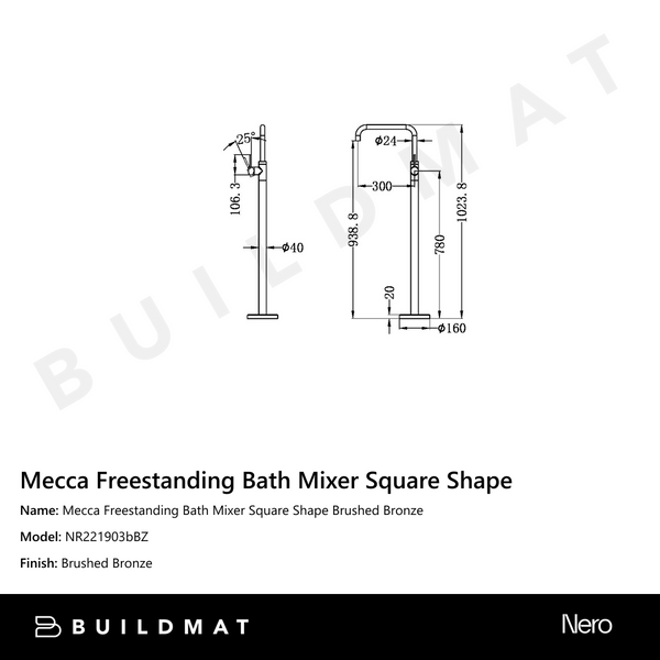 Nero Mecca Freestanding Bath Mixer Square Shape Brushed Bronze