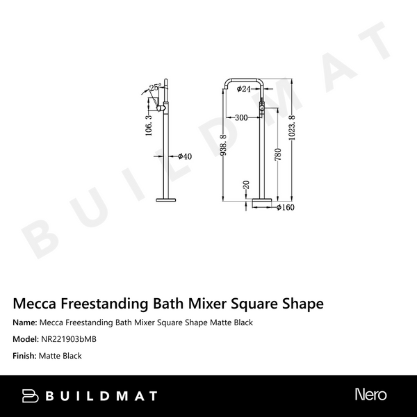 Nero Mecca Freestanding Bath Mixer Square Shape Matte Black