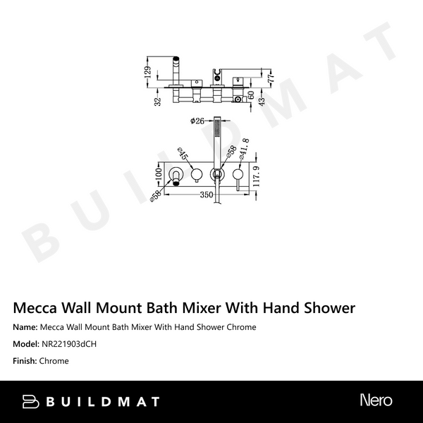 Nero Mecca Wall Mount Bath Mixer With Hand Shower Chrome