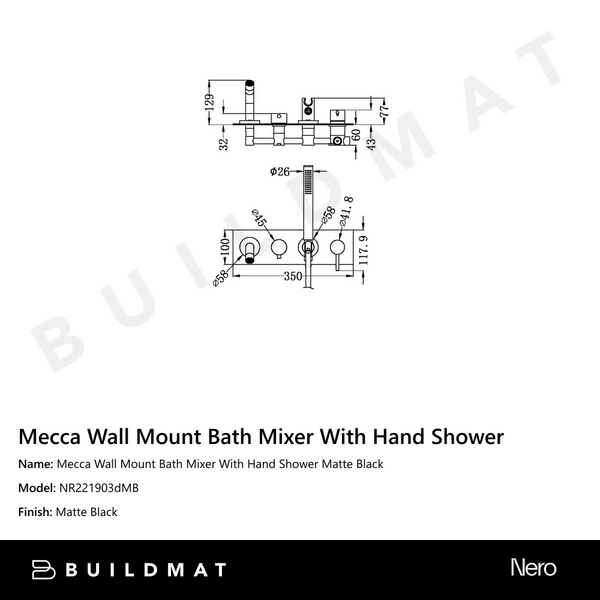 Nero Mecca Wall Mount Bath Mixer With Hand Shower Matte Black