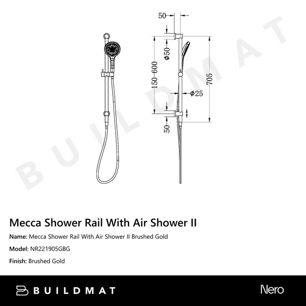 Nero Mecca Shower Rail With Air Shower II Brushed Gold