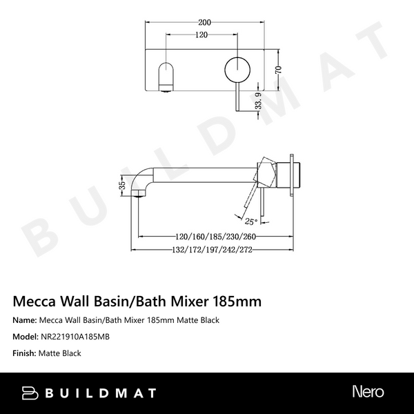 Nero Mecca Wall Basin/Bath Mixer 185mm Matte Black