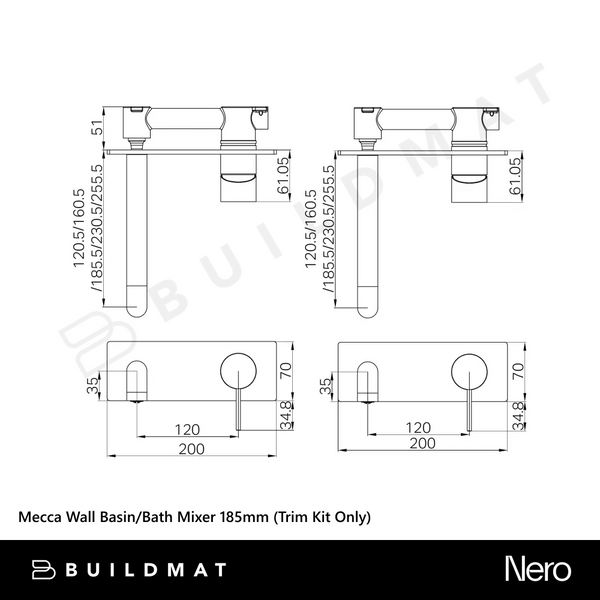 Nero Mecca Wall Basin/Bath Mixer 185mm (Trim Kit Only) Brushed Nickel