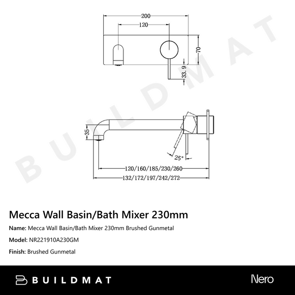 Nero Mecca Wall Basin/Bath Mixer 230mm Gun Metal