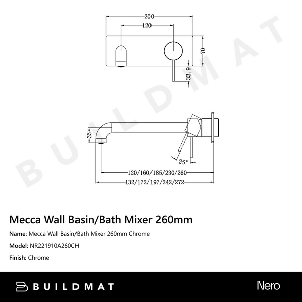 Nero Mecca Wall Basin/Bath Mixer 260mm Chrome