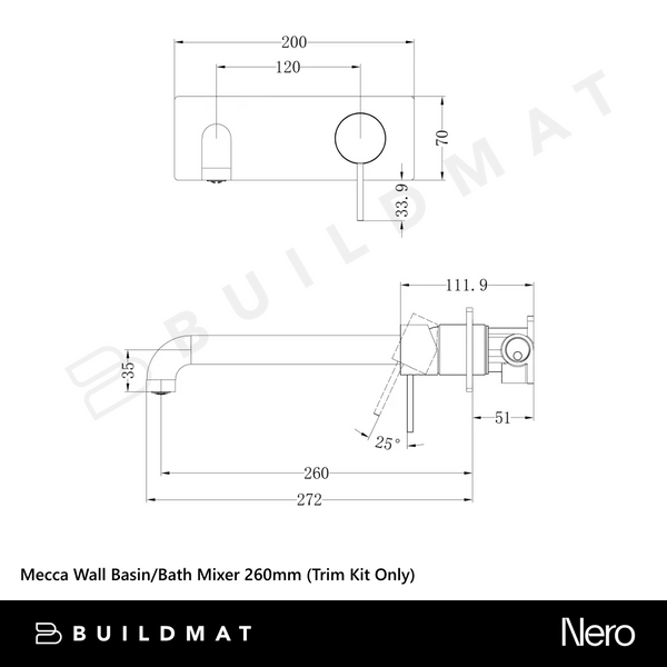 Nero Mecca Wall Basin/Bath Mixer 260mm (Trim Kit Only) Brushed Gold