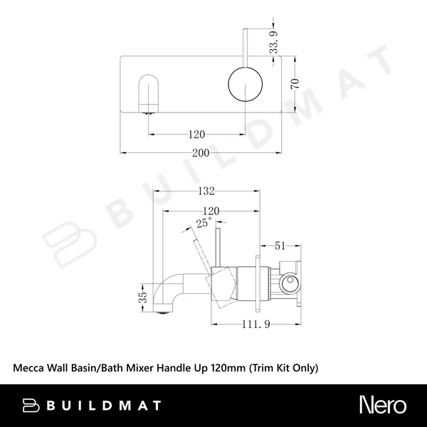 Nero Mecca Wall Basin/Bath Mixer Handle Up 120mm (Trim Kit Only) Chrome