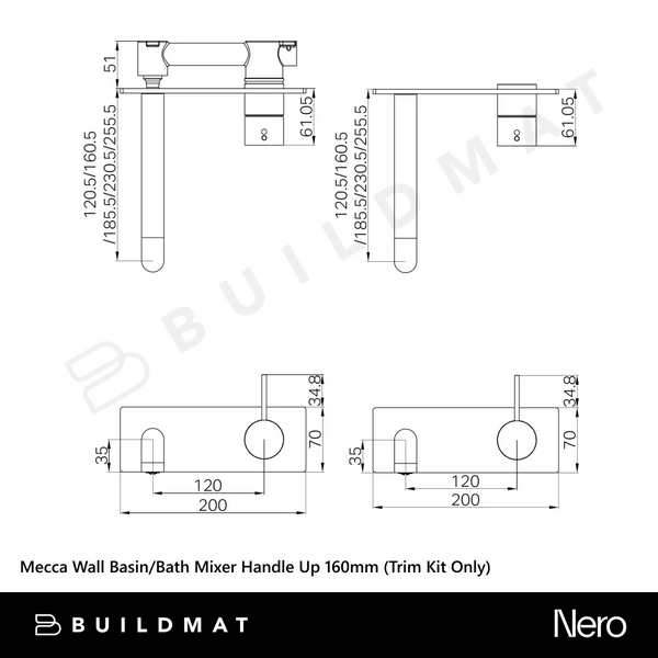 Nero Mecca Wall Basin/Bath Mixer Handle Up 160mm (Trim Kit Only) Matte Black