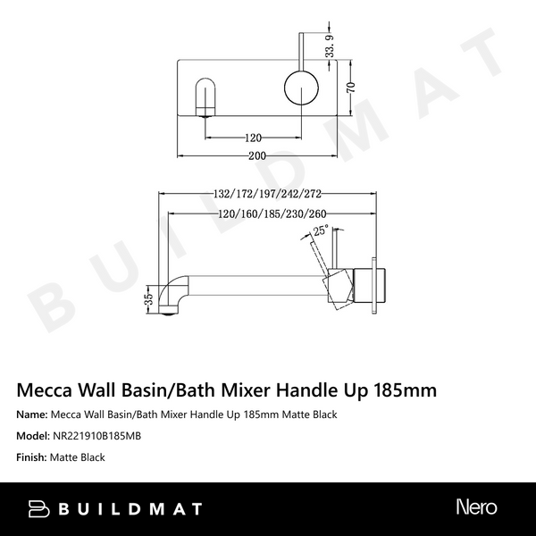 Nero Mecca Wall Basin/Bath Mixer Handle Up 185mm Matte Black