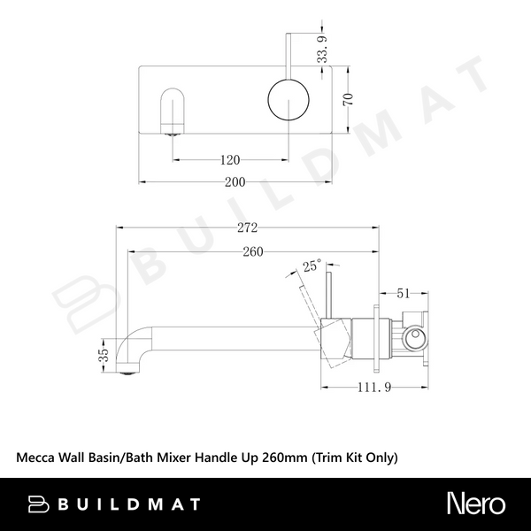 Nero Mecca Wall Basin/Bath Mixer Handle Up 260mm (Trim Kit Only) Chrome