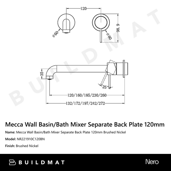 Nero Mecca Wall Basin/Bath Mixer Separate Back Plate 120mm Brushed Nickel