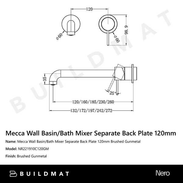 Nero Mecca Wall Basin/Bath Mixer Separate Back Plate 120mm Gunmetal