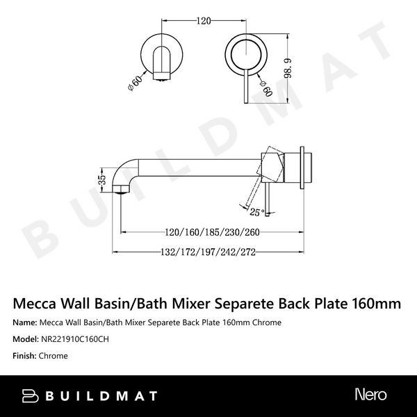 Nero Mecca Wall Basin/Bath Mixer Separate Back Plate 160mm Chrome