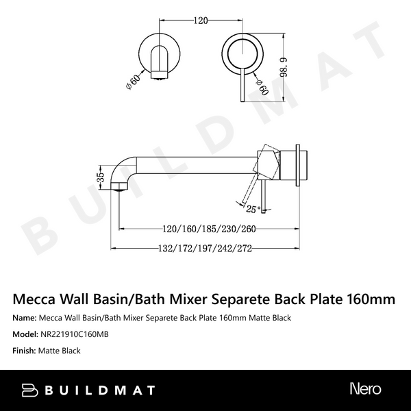 Nero Mecca Wall Basin/Bath Mixer Separate Back Plate 160mm Matte Black
