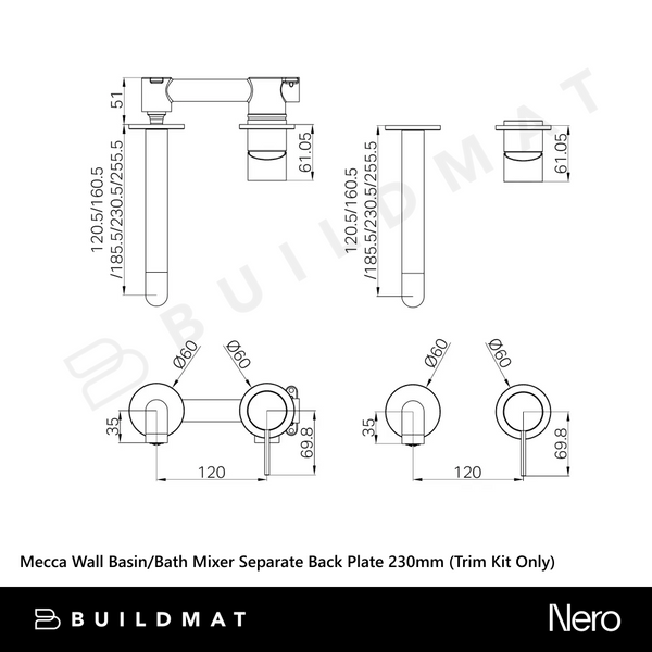 Nero Mecca Wall Basin/Bath Mixer Separate Back Plate 230mm (Trim Kit Only) Matte Black