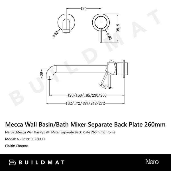 Nero Mecca Wall Basin/Bath Mixer Separate Back Plate 260mm Chrome