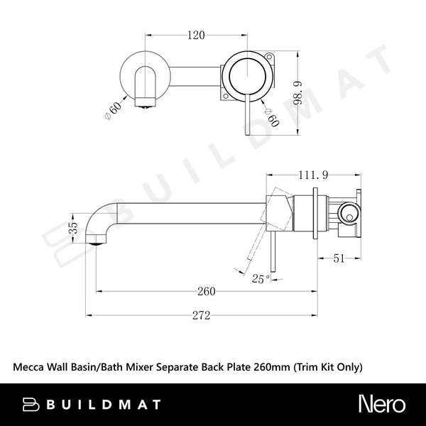 Nero Mecca Wall Basin/Bath Mixer Separate Back Plate 260mm (Trim Kit Only) Brushed Gold