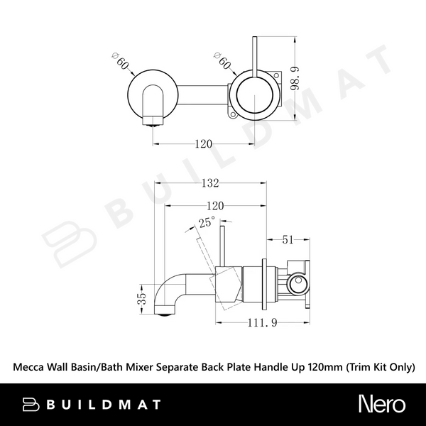 Nero Mecca Wall Basin/Bath Mixer Separate Back Plate Handle Up 120mm (Trim Kit Only) Brushed Bronze