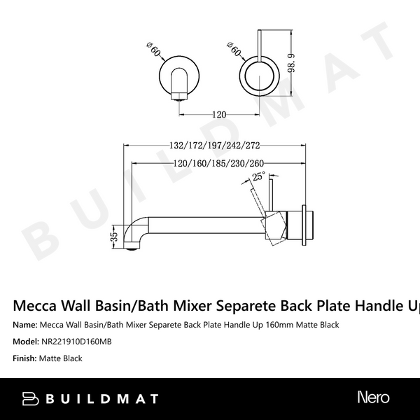 Nero Mecca Wall Basin/Bath Mixer Separate Back Plate Handle Up 160mm Matte Black