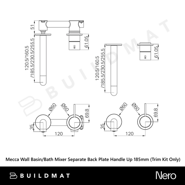 Nero Mecca Wall Basin/Bath Mixer Separate Back Plate Handle Up 185mm (Trim Kit Only) Brushed Nickel