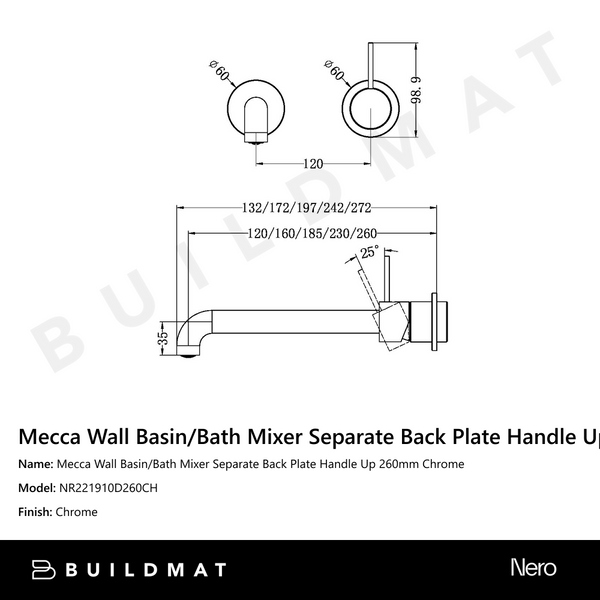 Nero Mecca Wall Basin/Bath Mixer Separate Back Plate Handle Up 260mm Chrome