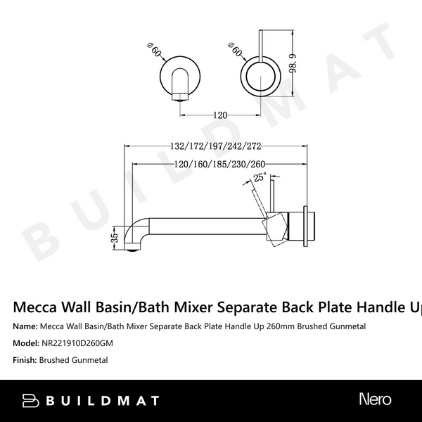 Nero Mecca Wall Basin/Bath Mixer Separate Back Plate Handle Up 260mm Gun Metal