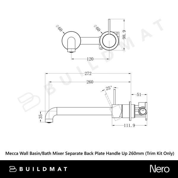 Nero Mecca Wall Basin/Bath Mixer Separate Back Plate Handle Up 260mm (Trim Kit Only) Matte Black