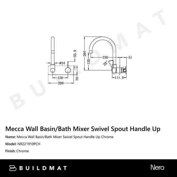 Nero Mecca Wall Basin/Bath Mixer Swivel Spout Handle Up Chrome