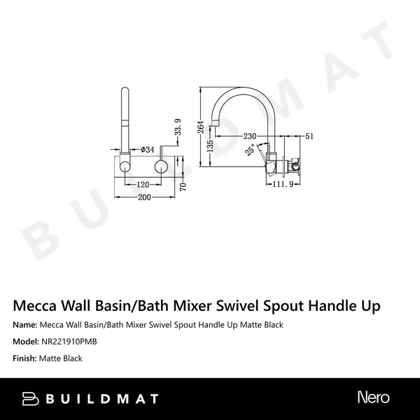 Nero Mecca Wall Basin/Bath Mixer Swivel Spout Handle Up Matte Black