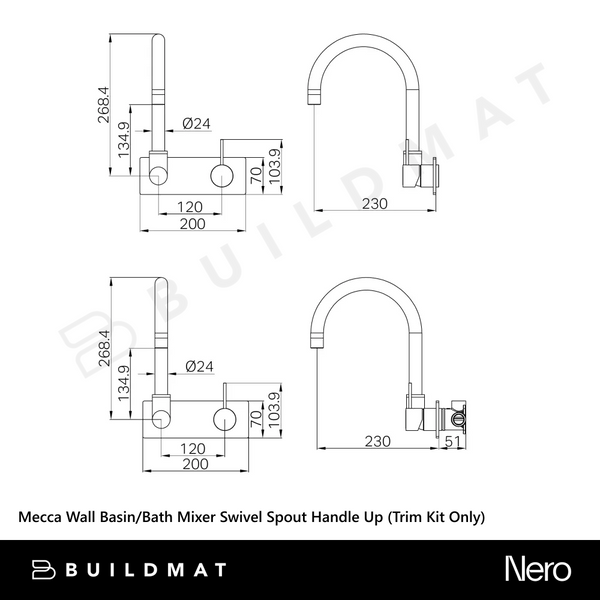 Nero Mecca Wall Basin/Bath Mixer Swivel Spout Handle Up (Trim Kit Only) Matte Black