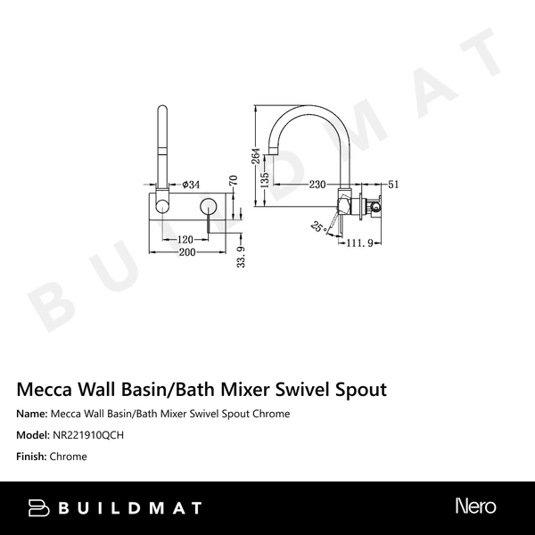 Nero Mecca Wall Basin/Bath Mixer Swivel Spout Chrome