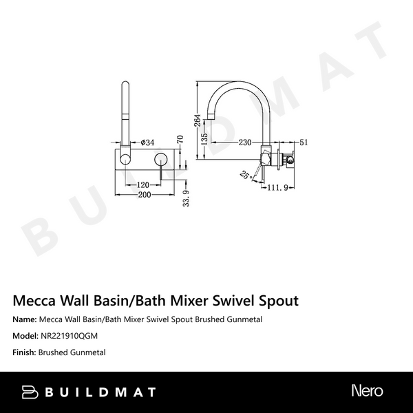 Nero Mecca Wall Basin/Bath Mixer Swivel Spout Gunmetal
