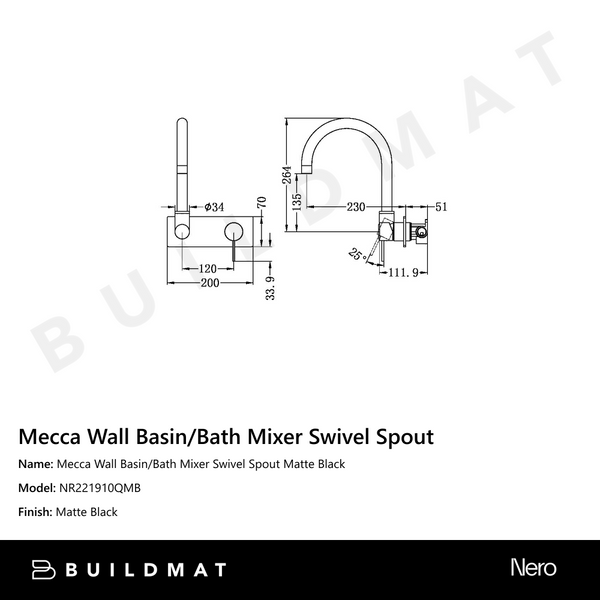 Nero Mecca Wall Basin/Bath Mixer Swivel Spout Matte Black