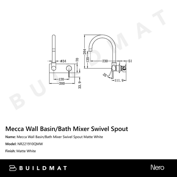 Nero Mecca Wall Basin/Bath Mixer Swivel Spout Matte White
