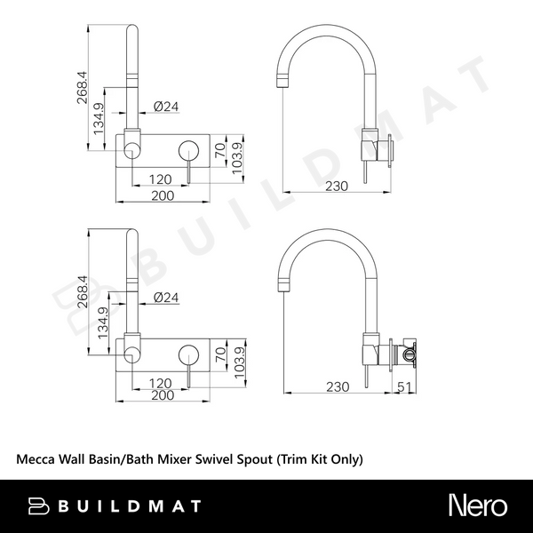 Nero Mecca Wall Basin/Bath Mixer Swivel Spout (Trim Kit Only) Brushed Gold