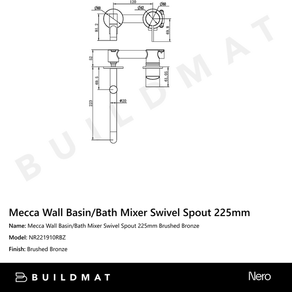 Nero Mecca Wall Basin/Bath Mixer Swivel Spout 225mm Brushed Bronze