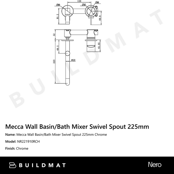 Nero Mecca Wall Basin/Bath Mixer Swivel Spout 225mm Chrome